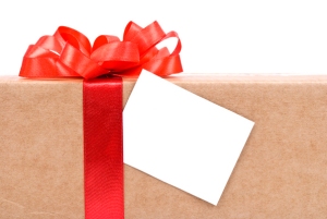 Cardboard box with red bow
